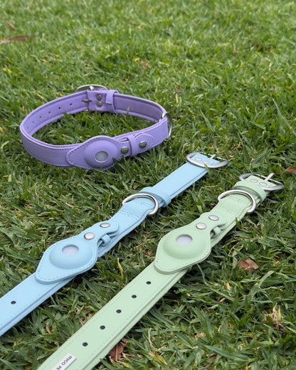 Pastel waterproof dog AirTag collars shown in use, designed for everyday walking