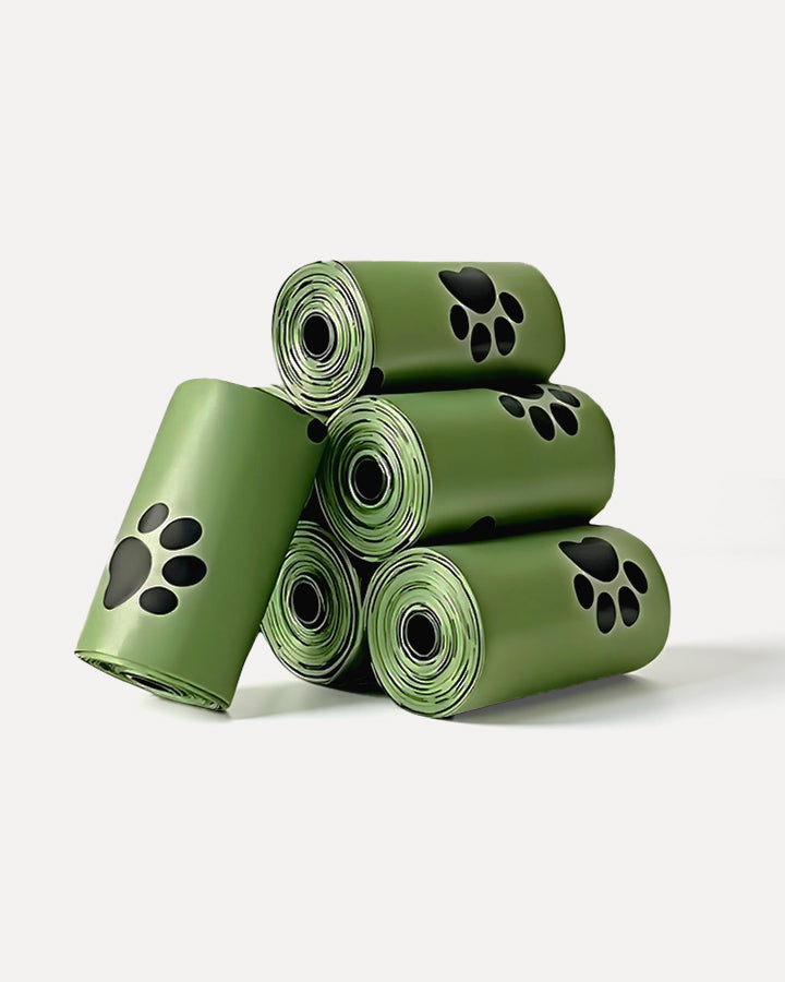 Overview of MIGO Pets biodegradable dog poop bags in green, featuring a stacked roll display.