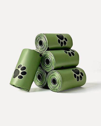 Overview of MIGO Pets biodegradable dog poop bags in green, featuring a stacked roll display.