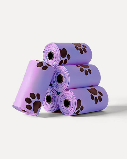 Overview of MIGO Pets biodegradable dog poop bags in violet purple, featuring a stacked roll display.