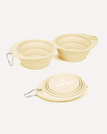 Overview of the collapsible travel double dog bowl in vanilla sand, featuring its complete design.