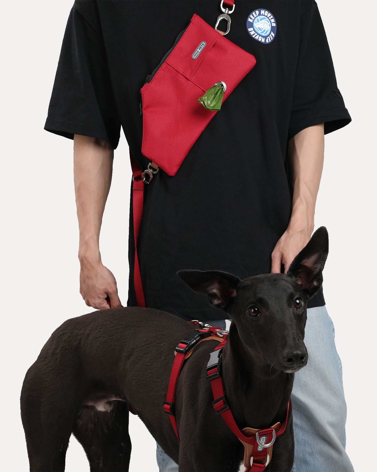 A person walking a dog while wearing a crimson red durable and versatile crossbody travel pouch.