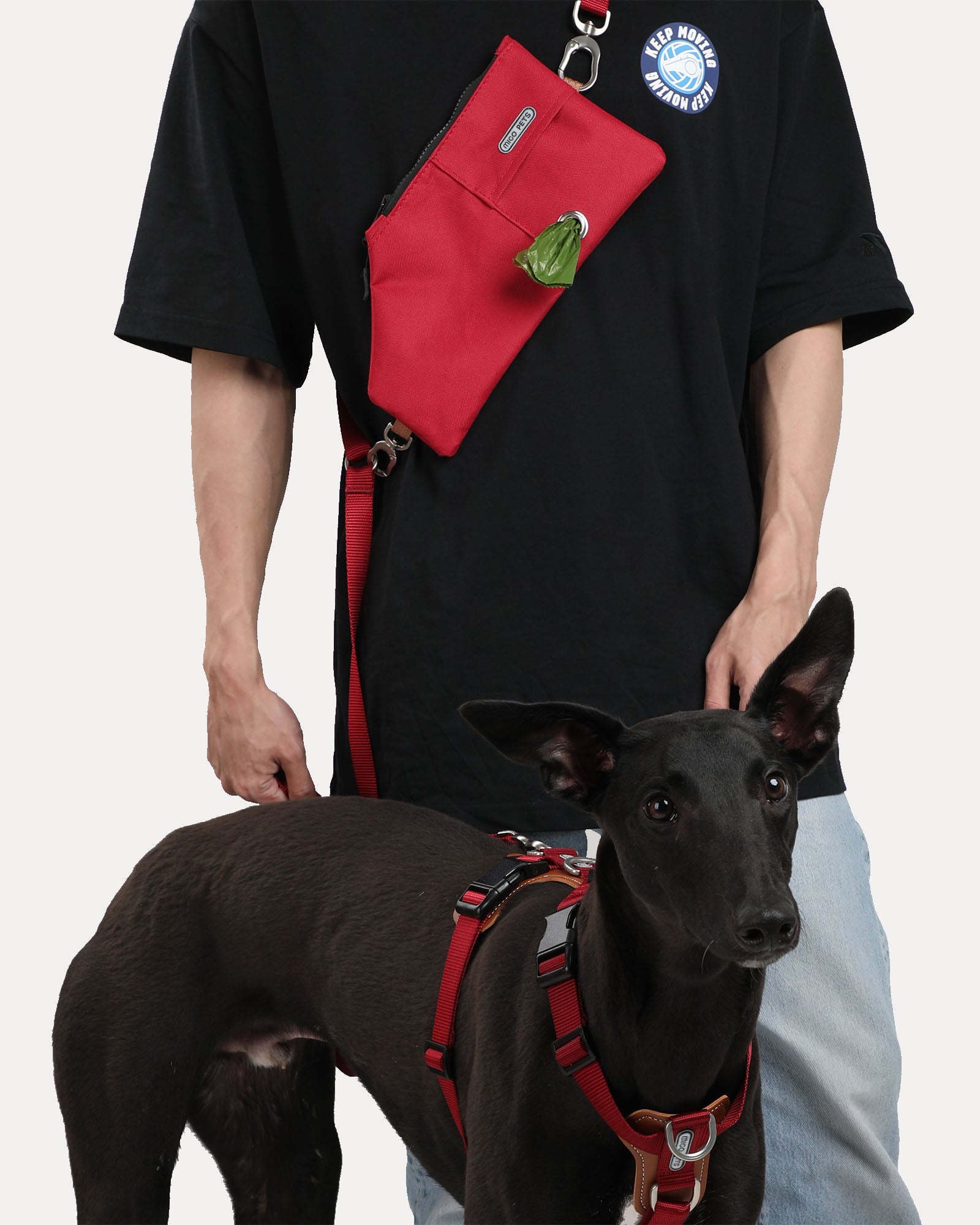 A person walking a dog while wearing a crimson red durable and versatile crossbody travel pouch.