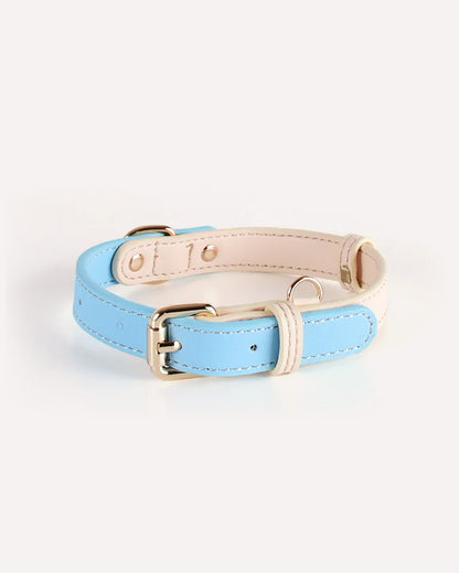 Overview of the eco-friendly two-tone genuine leather dog collar in sky blue, featuring its complete design.