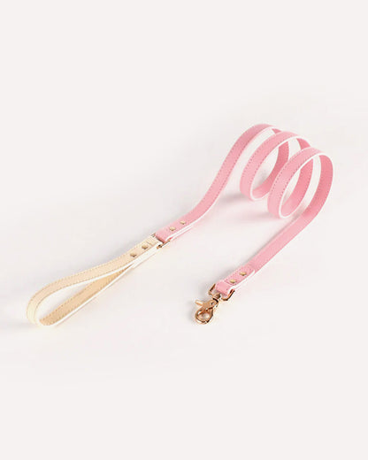 Overview of the eco-friendly two tone genuine leather dog leash in pink, featuring its complete design.
