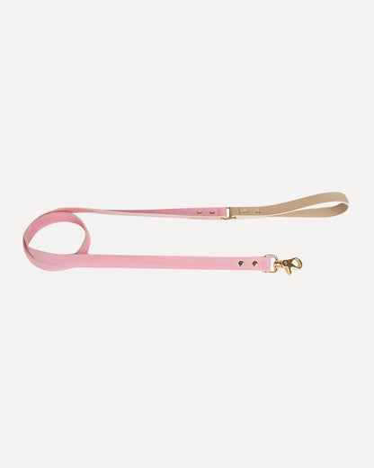 Overview of the eco-friendly two tone genuine leather dog leash in pink, featuring its complete design.