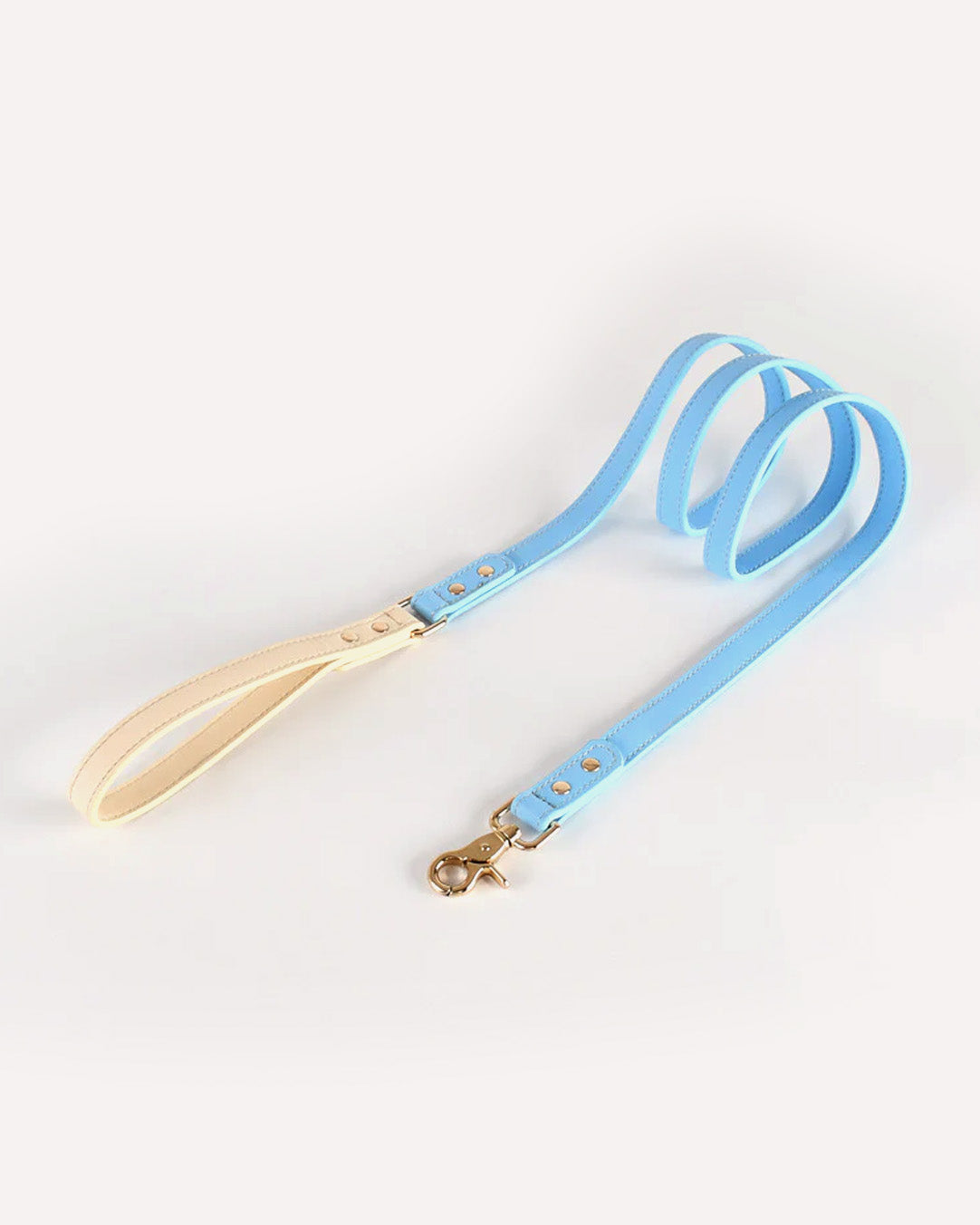Overview of the eco-friendly two tone genuine leather dog leash in sky blue, featuring its complete design.