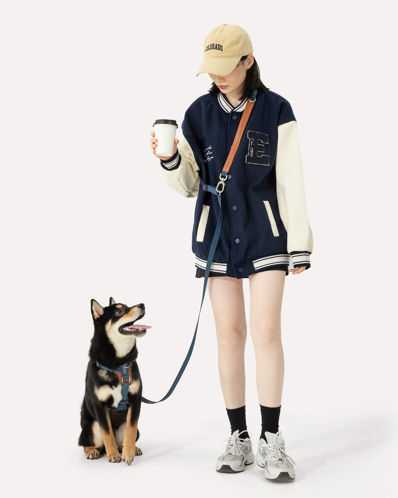 A dog in a navy blue ergonomic H-shape harness, with the owner using a crossbody leash and pouch for hands-free convenience.
