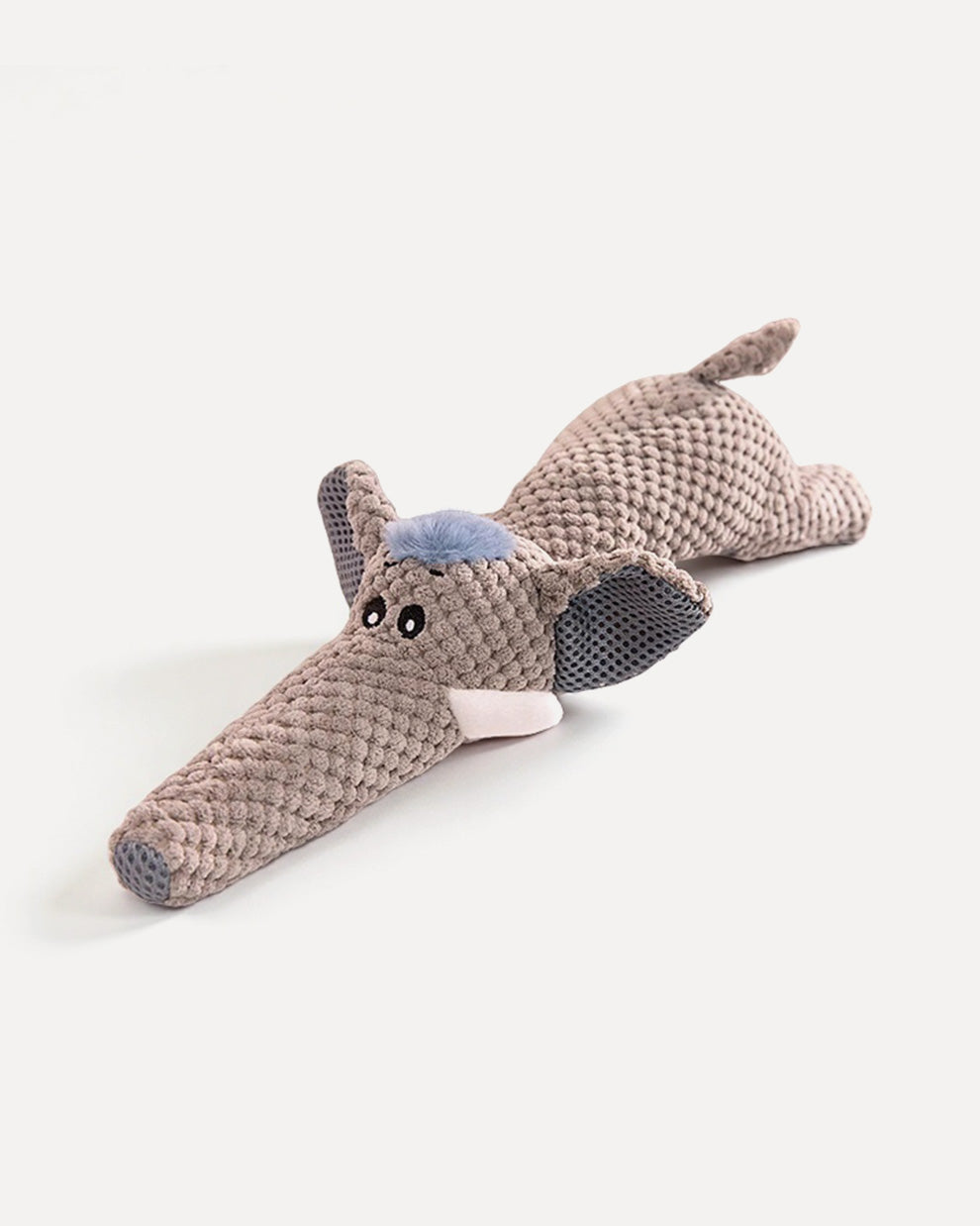 Overview of the elephant squeaky dog toy, crafted from soft textured fabric.