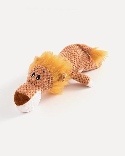 Overview of the lion squeaky dog toy, crafted from soft textured fabric.
