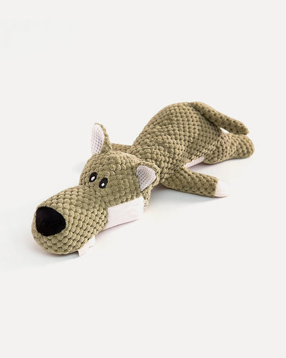 Overview of the wolf squeaky dog toy, crafted from soft textured fabric.