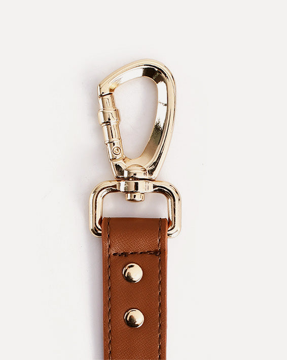 Close-up of the brown waterproof leather dog leash with bag holder, highlighting the metal clasp.