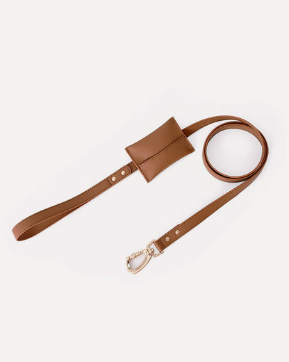 Overview of the waterproof leather dog leash with bag holder in brown, featuring its complete design.