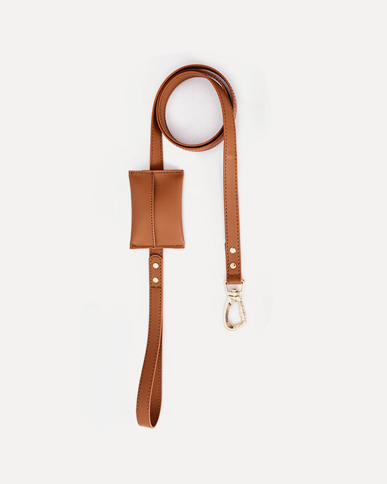 Overview of the waterproof leather dog leash with bag holder in brown, featuring its complete design.
