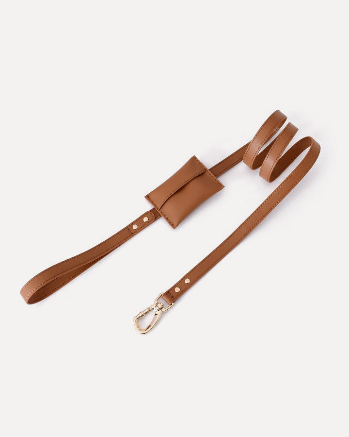Overview of the waterproof leather dog leash with bag holder in brown, featuring its complete design.