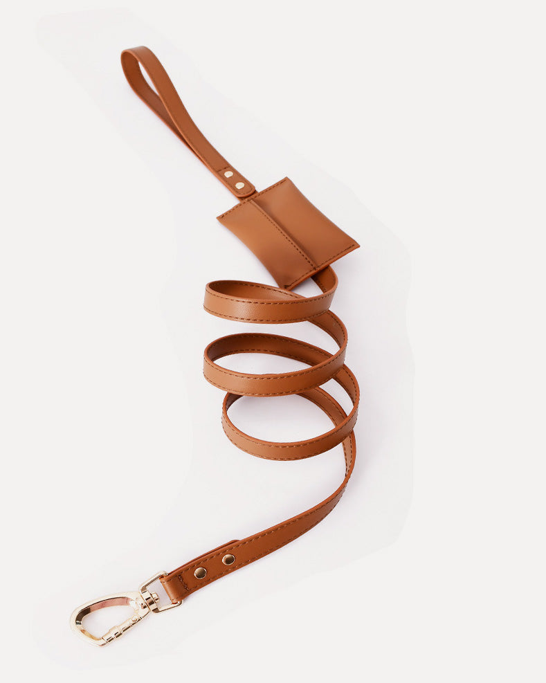 Overview of the waterproof leather dog leash with bag holder in brown, featuring its complete design.