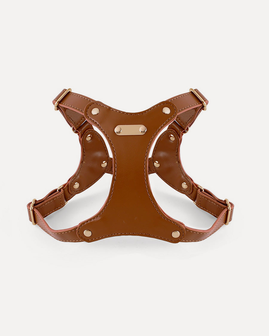 Overview of the waterproof soft leather dog harness in brown, featuring its complete design.
