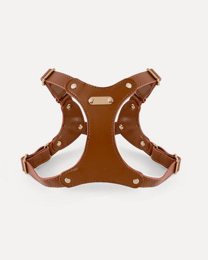 Overview of the waterproof soft leather dog harness in brown, featuring its complete design.