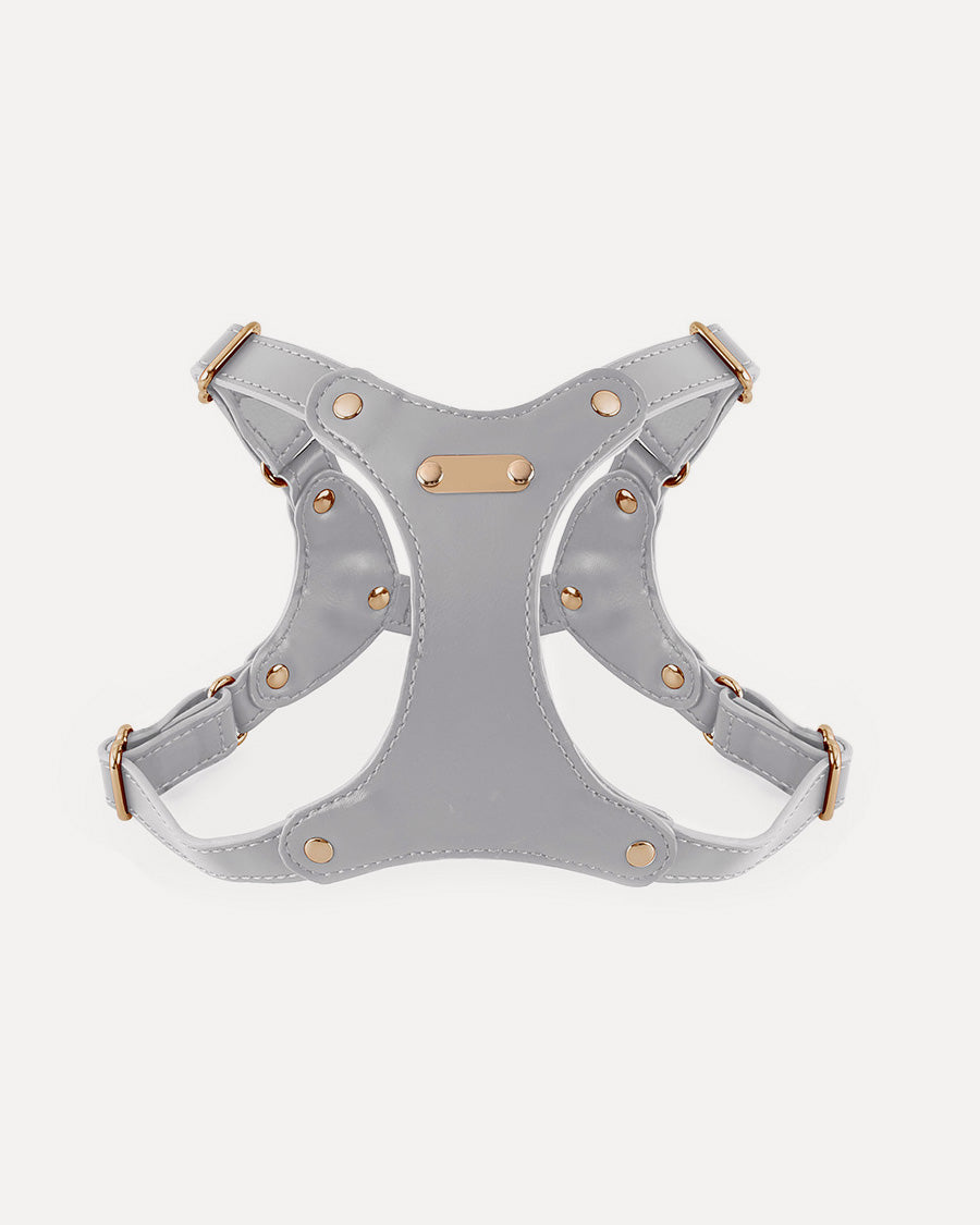 Overview of the waterproof soft leather dog harness in gray, featuring its complete design.