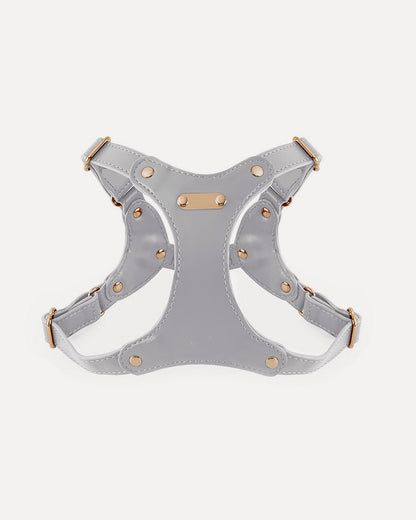 Overview of the waterproof soft leather dog harness in gray, featuring its complete design.
