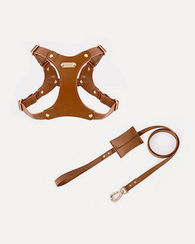 Overview of the brown waterproof soft leather dog harness kit, featuring eco-friendly, dirt-resistant leather for easy cleaning.