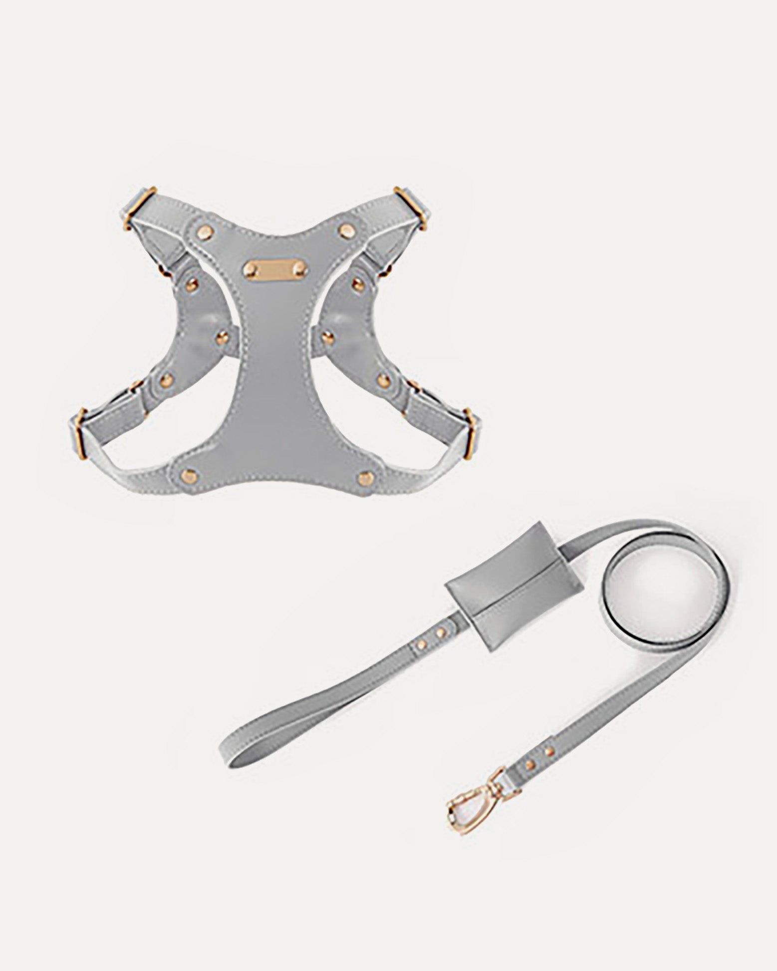 Overview of the gray waterproof soft leather dog harness kit, featuring eco-friendly, dirt-resistant leather for easy cleaning.
