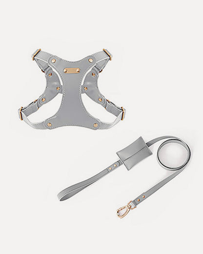 Overview of the gray waterproof soft leather dog harness kit, featuring eco-friendly, dirt-resistant leather for easy cleaning.